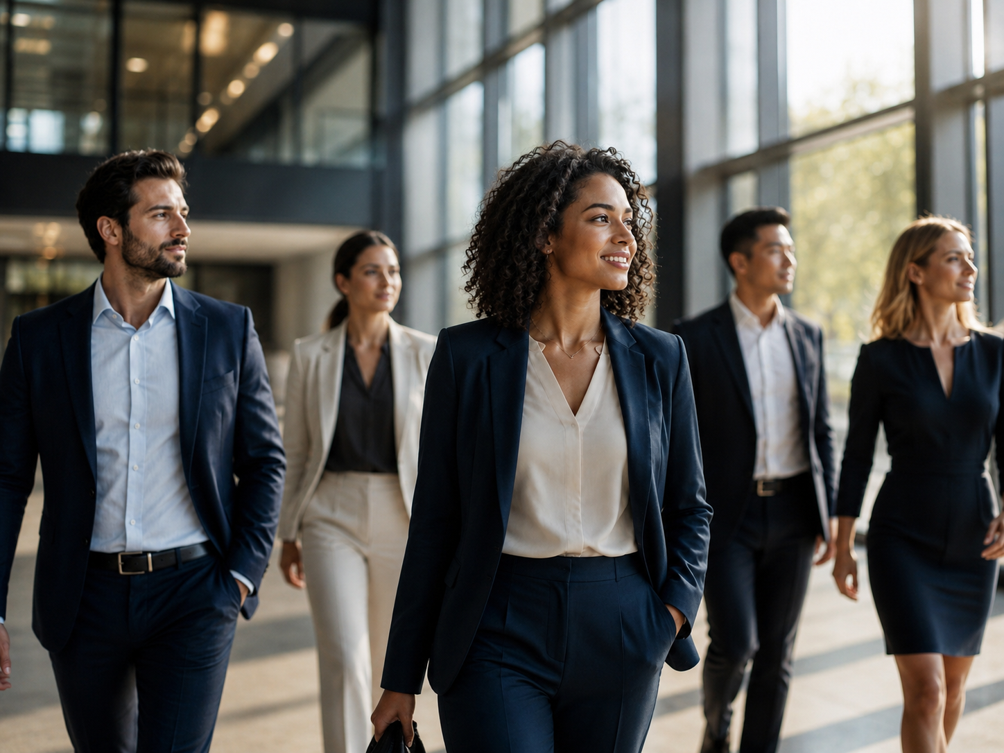 Healthcare professionals walking through a modern office lobby